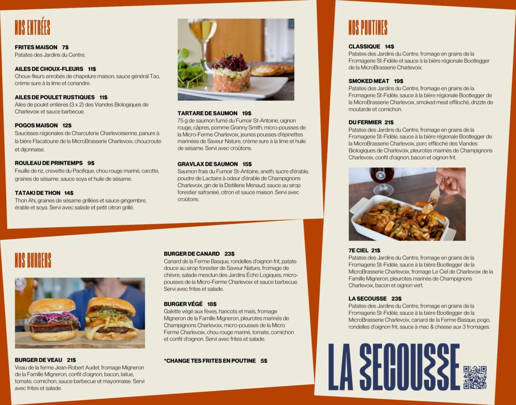 Cuisine locale savoureuse, Menu ingrédients locaux, La Secousse La Malbaie.